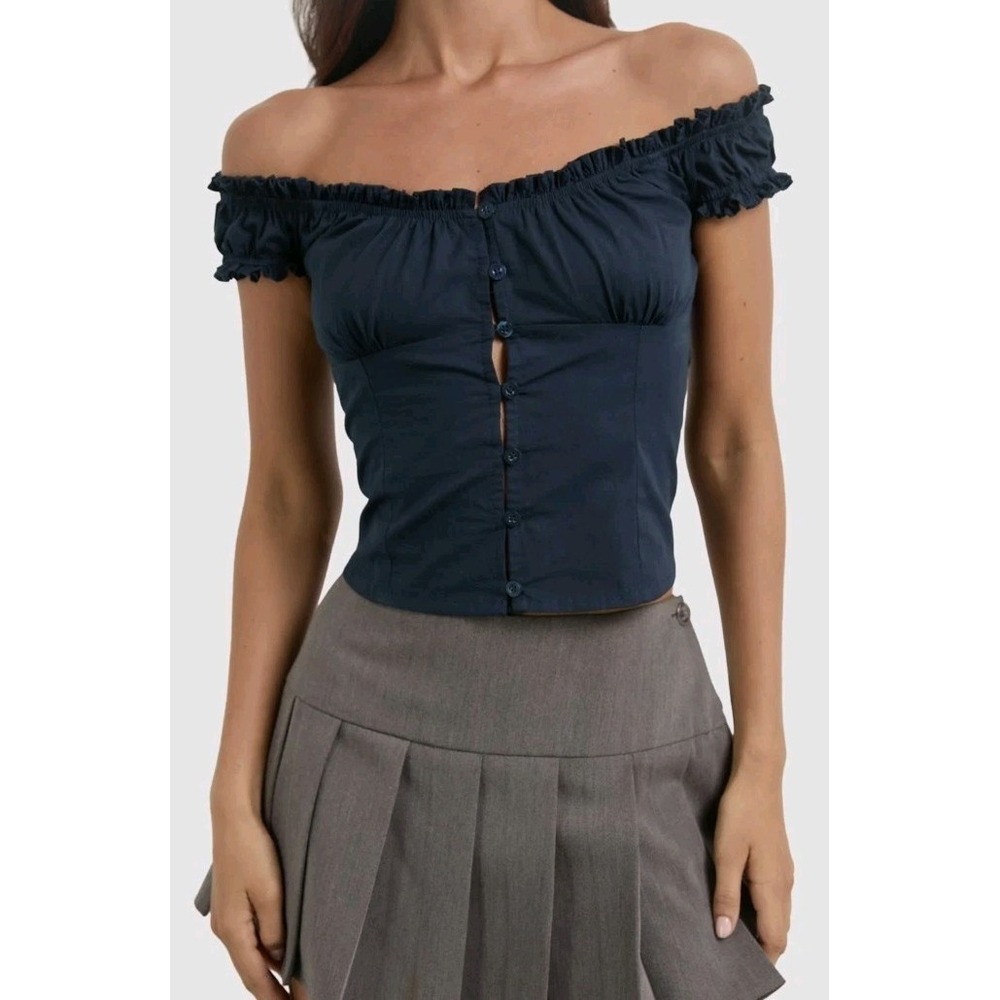 Motel Chen Milkmaid Top Puff Ruffle Sleeve Butoon Front Navy Woman S Coquette